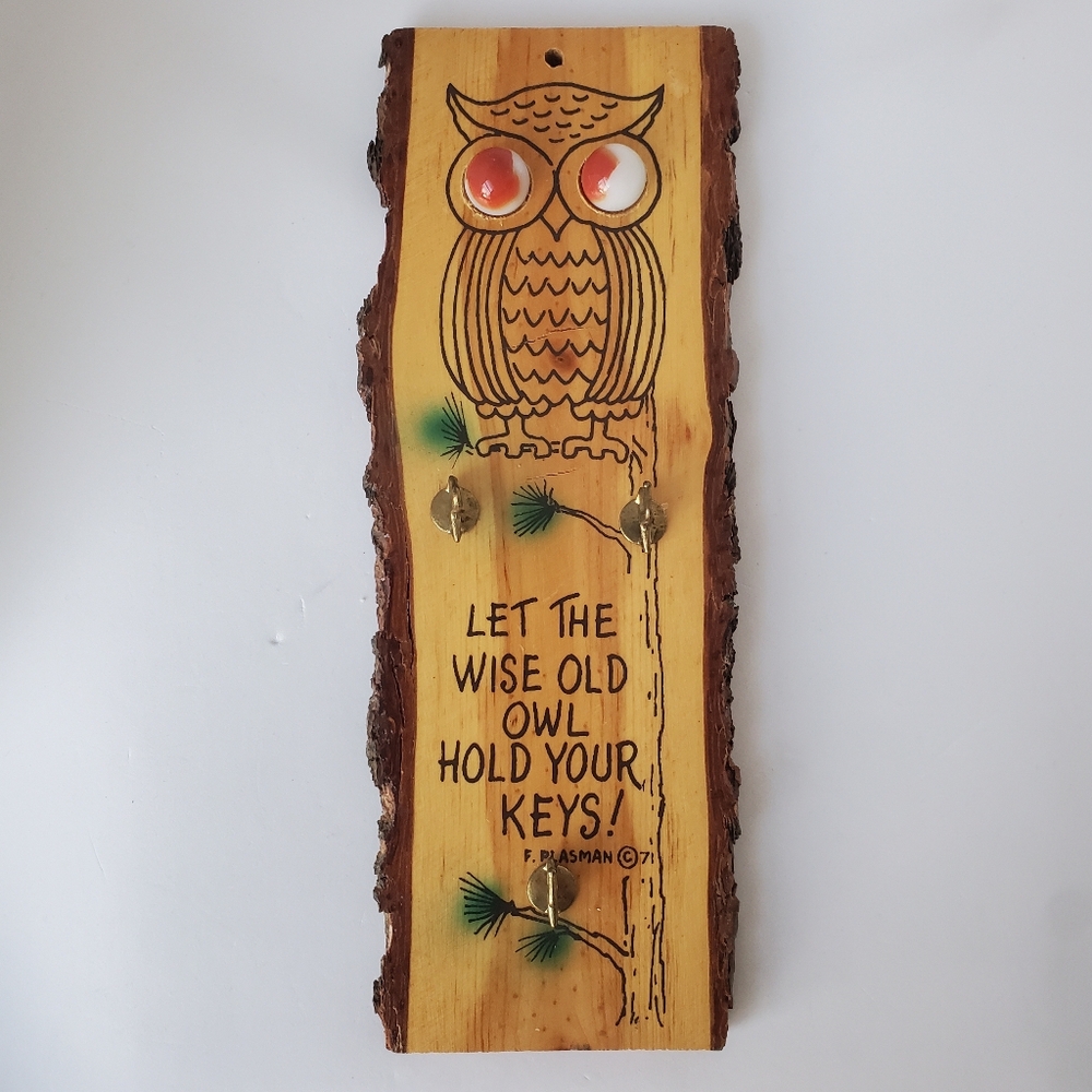 Vintage Wooden Owl Key Holder Wall Plaque - Natural Wood with Marble Eyes 1971